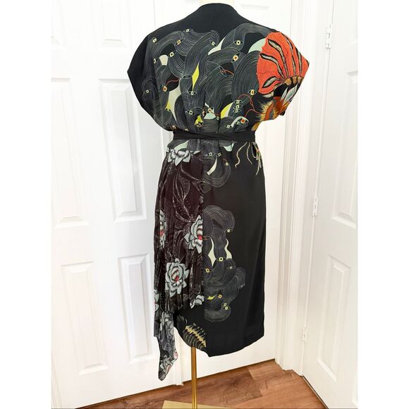 Dries Van Noten Pleated Black Kimono Sleeve Asymmetric Wrap Midi Dress 38 - Picture 4 of 9